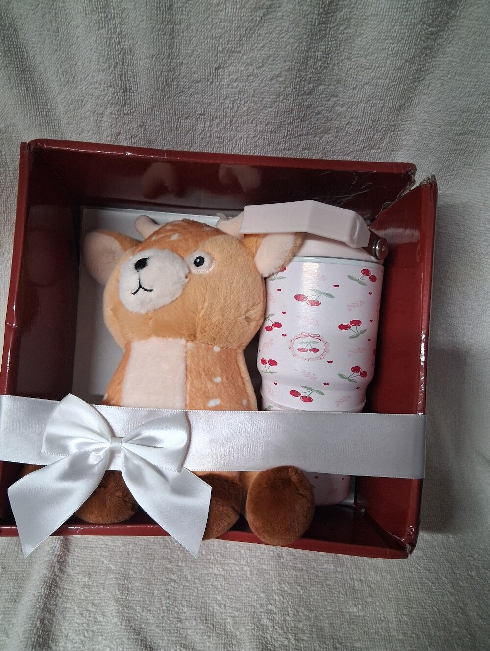 Plush Deer Toy & Cherry Print Insulated Tumbler